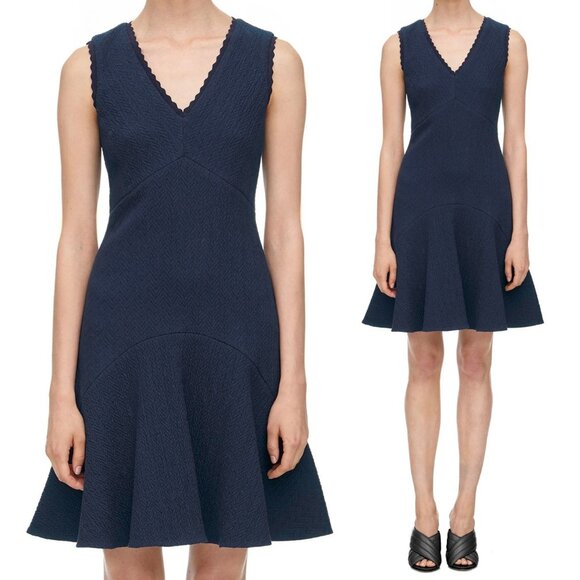 Rebecca Taylor Anna Scallop-Trimmed Navy Dress Size L Textured Knit Modest $395 - Picture 1 of 15